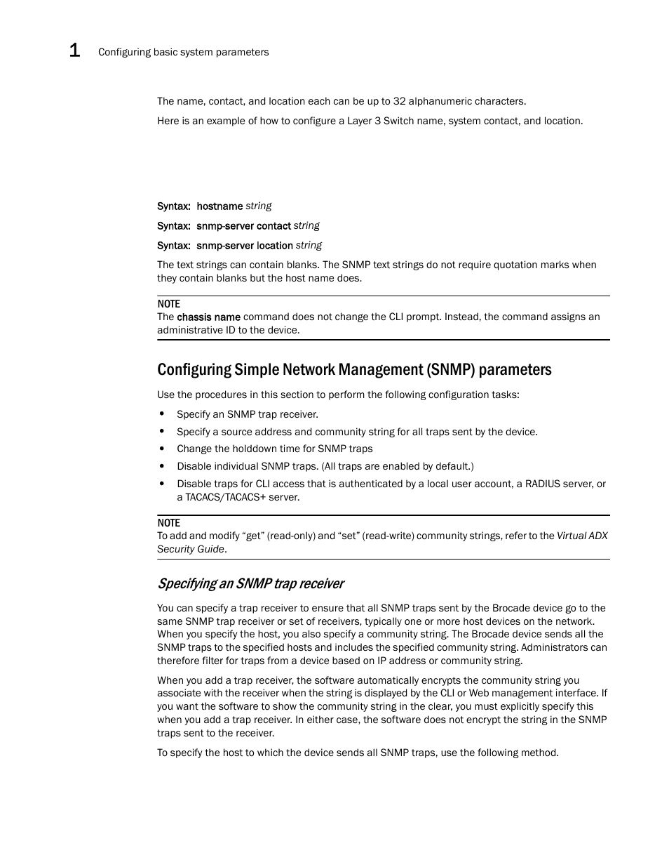 Configuring simple, Network management (snmp) parameters, Specifying an snmp trap receiver | Brocade Virtual ADX Switch and Router Guide (Supporting ADX v03.1.00) User Manual | Page 16 / 374