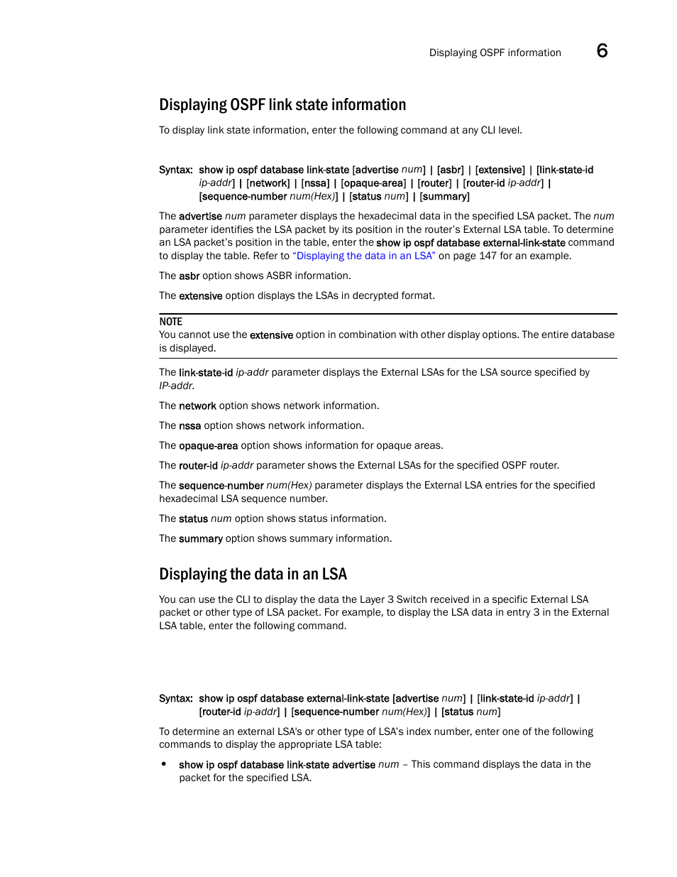 Displaying ospf link state information, Displaying the data in an lsa | Brocade Virtual ADX Switch and Router Guide (Supporting ADX v03.1.00) User Manual | Page 161 / 374