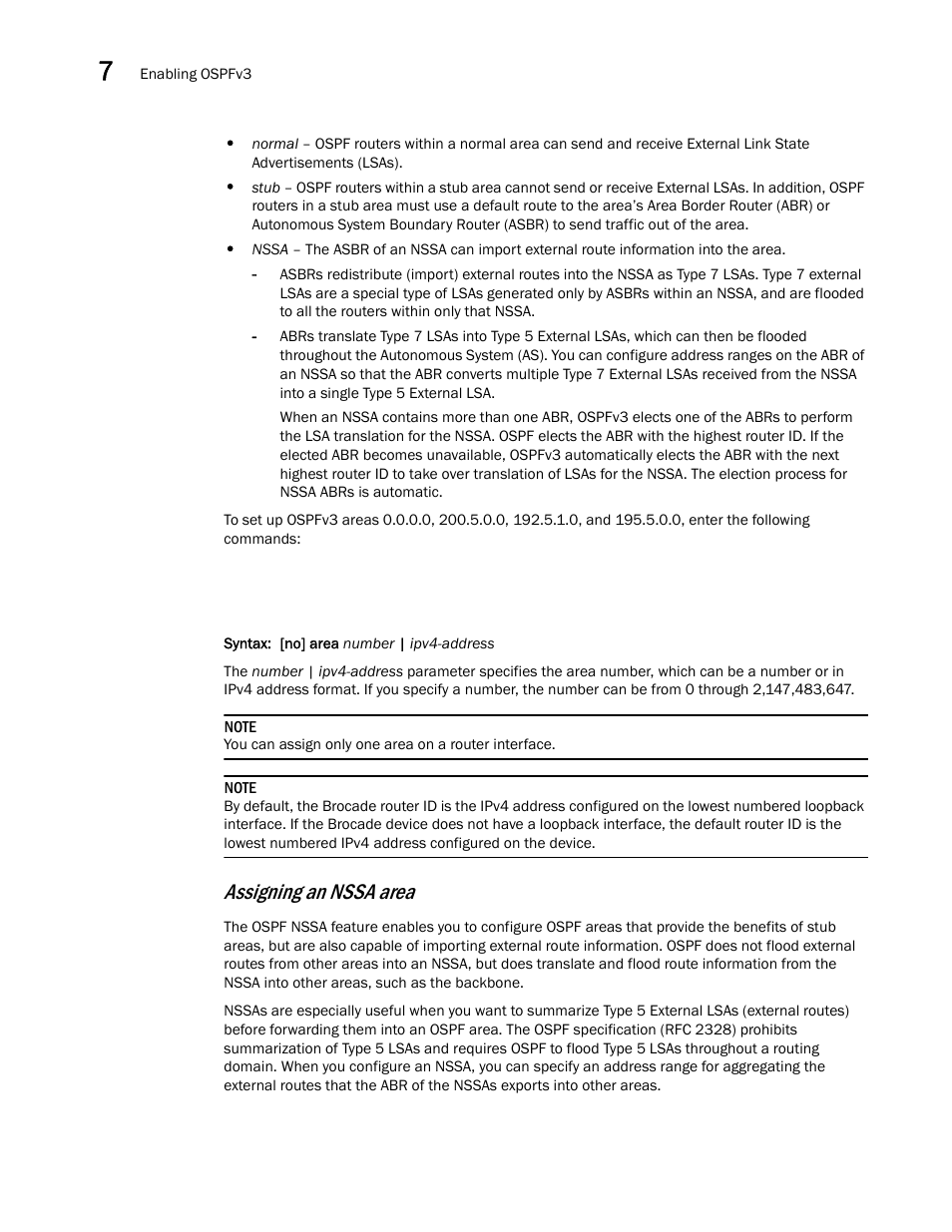 Assigning an nssa area | Brocade Virtual ADX Switch and Router Guide (Supporting ADX v03.1.00) User Manual | Page 168 / 374