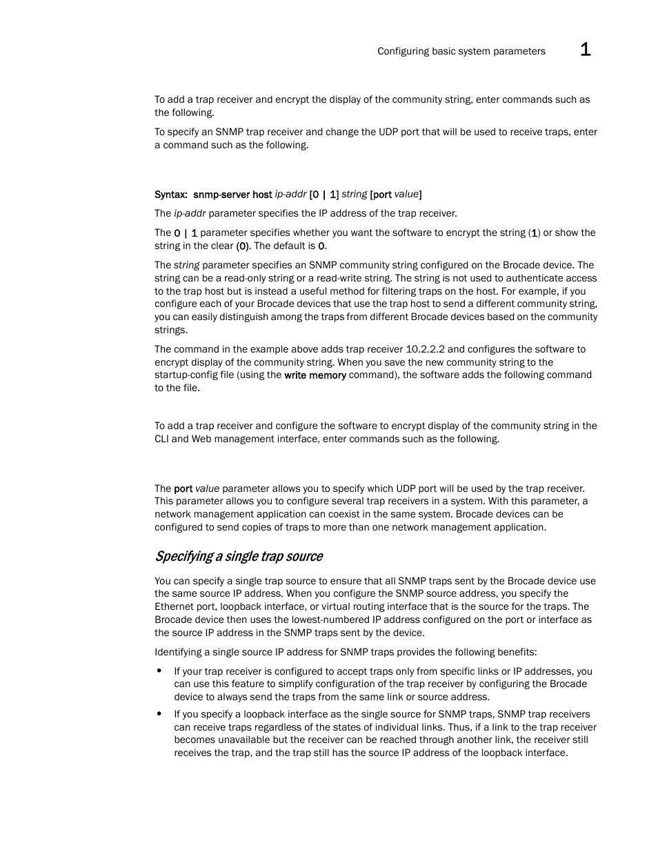 Specifying a single trap source | Brocade Virtual ADX Switch and Router Guide (Supporting ADX v03.1.00) User Manual | Page 17 / 374