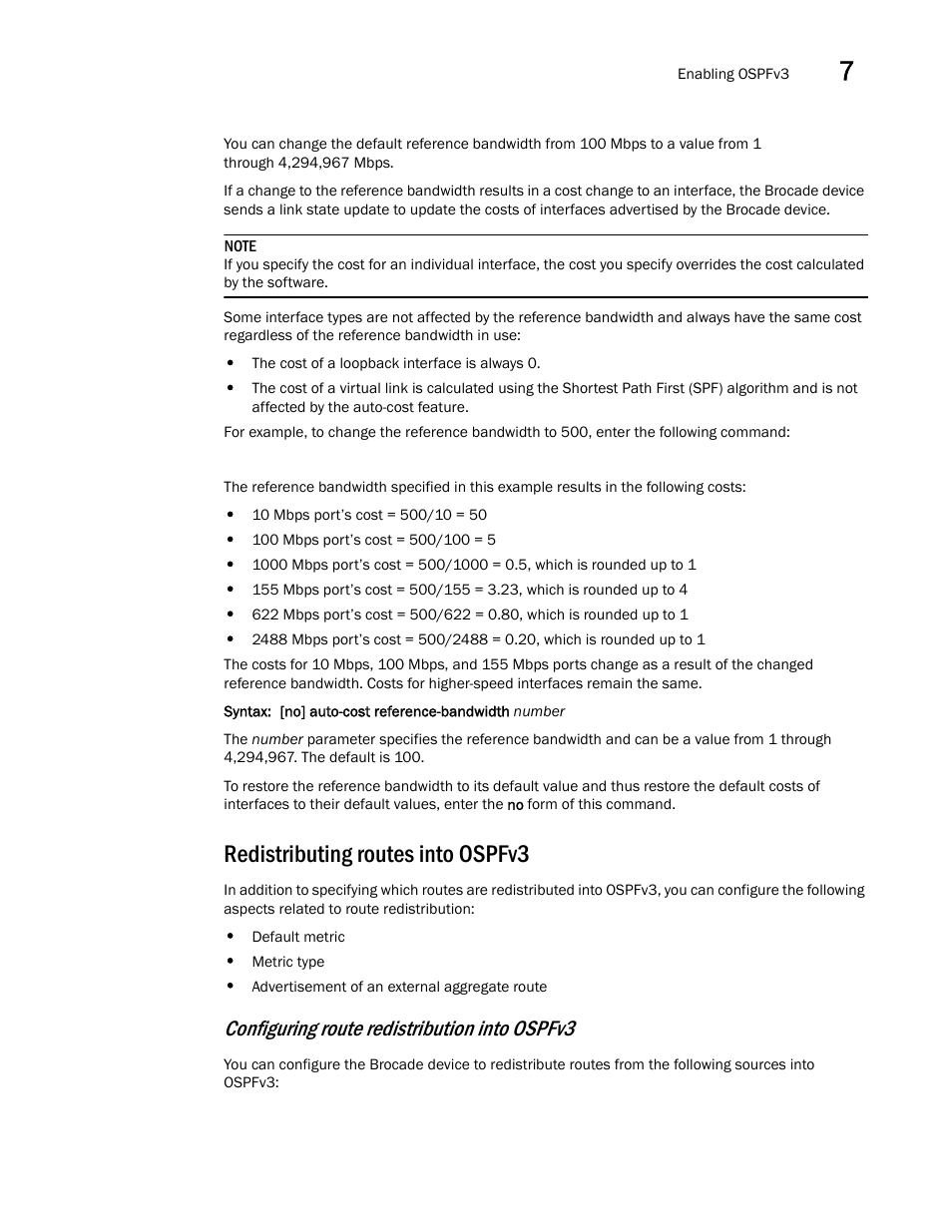 Redistributing routes into ospfv3, Configuring route redistribution into ospfv3 | Brocade Virtual ADX Switch and Router Guide (Supporting ADX v03.1.00) User Manual | Page 173 / 374