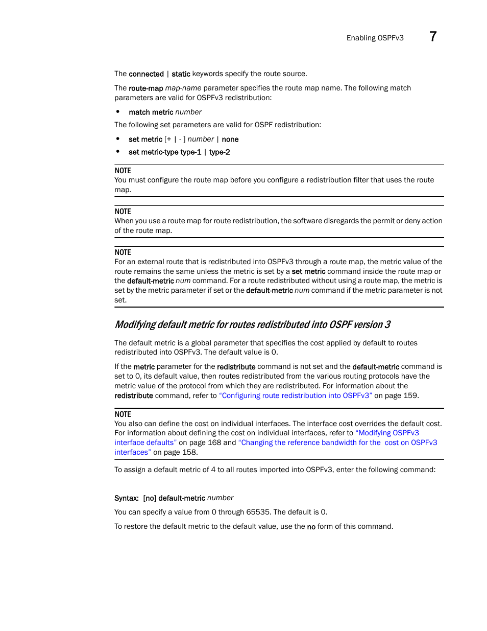 Modifying default metric for routes, Redistributed into ospf version 3 | Brocade Virtual ADX Switch and Router Guide (Supporting ADX v03.1.00) User Manual | Page 175 / 374