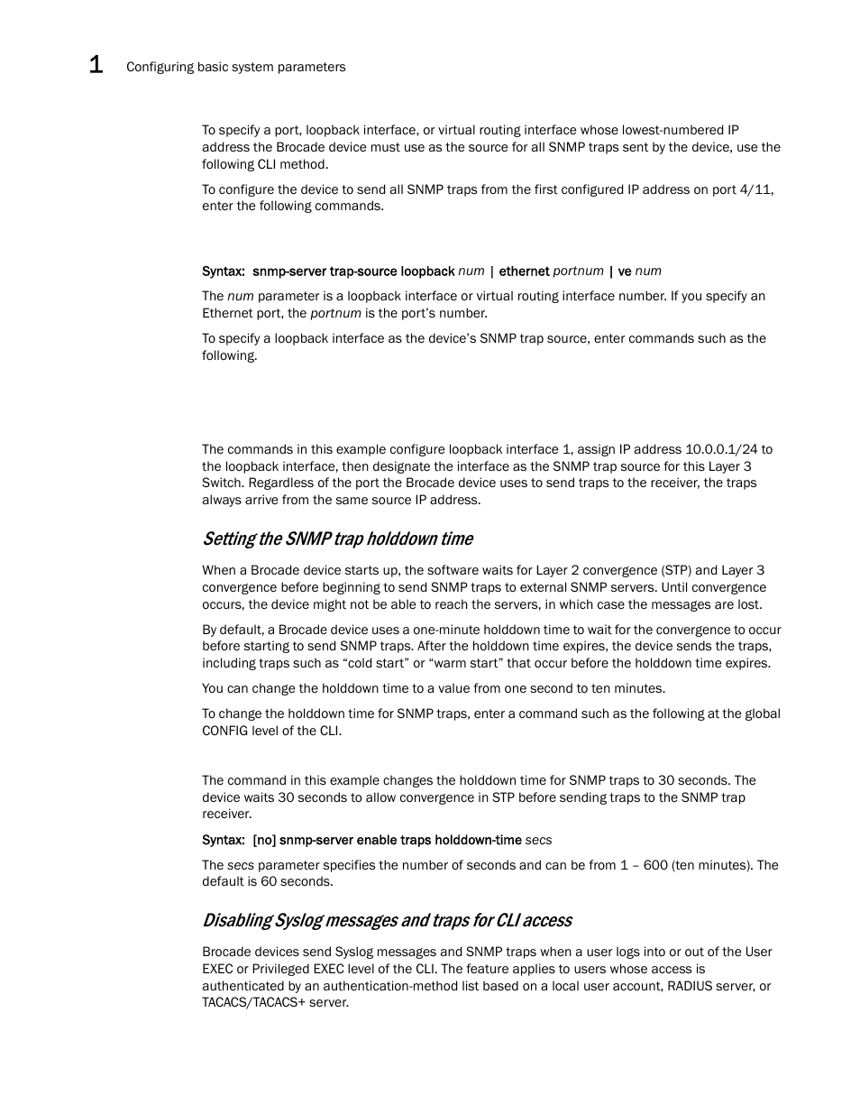 Setting the snmp trap holddown time, Disabling syslog messages and traps for cli access | Brocade Virtual ADX Switch and Router Guide (Supporting ADX v03.1.00) User Manual | Page 18 / 374