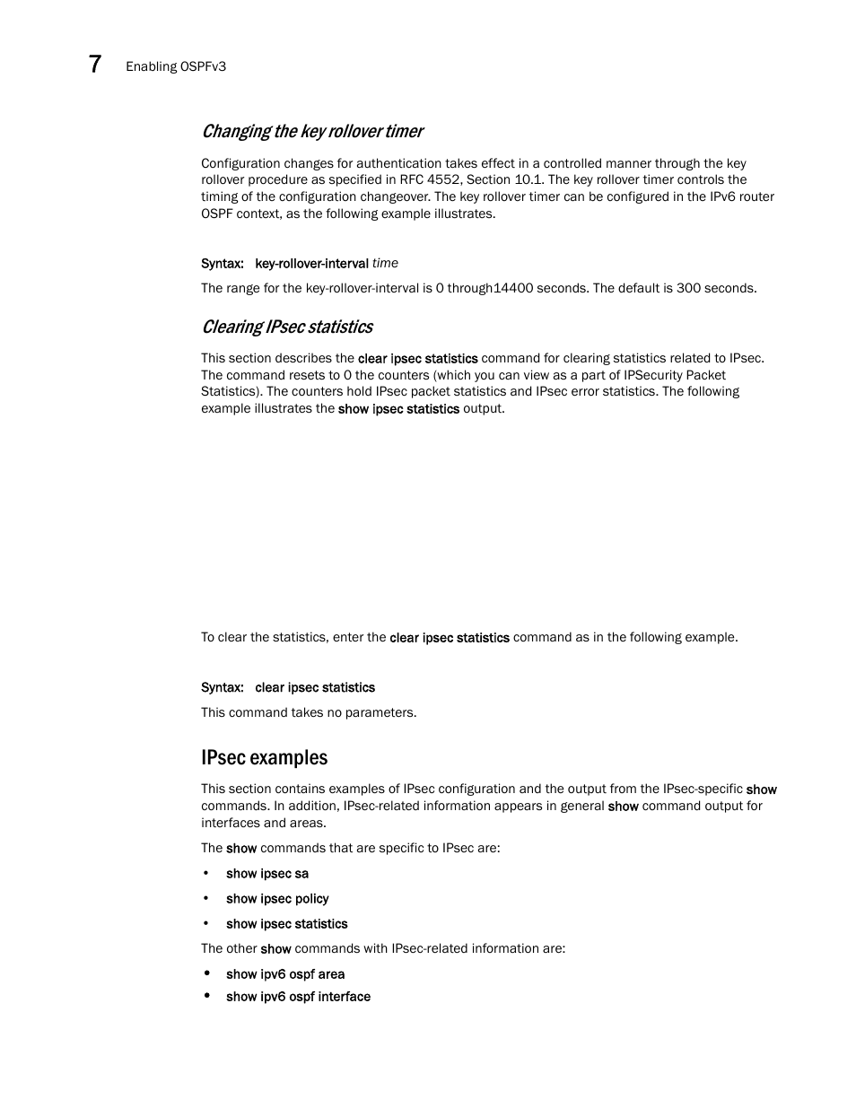 Ipsec examples, Amples, Changing the key | Rollover timer, Sect, Changing the key rollover timer, Clearing ipsec statistics | Brocade Virtual ADX Switch and Router Guide (Supporting ADX v03.1.00) User Manual | Page 188 / 374