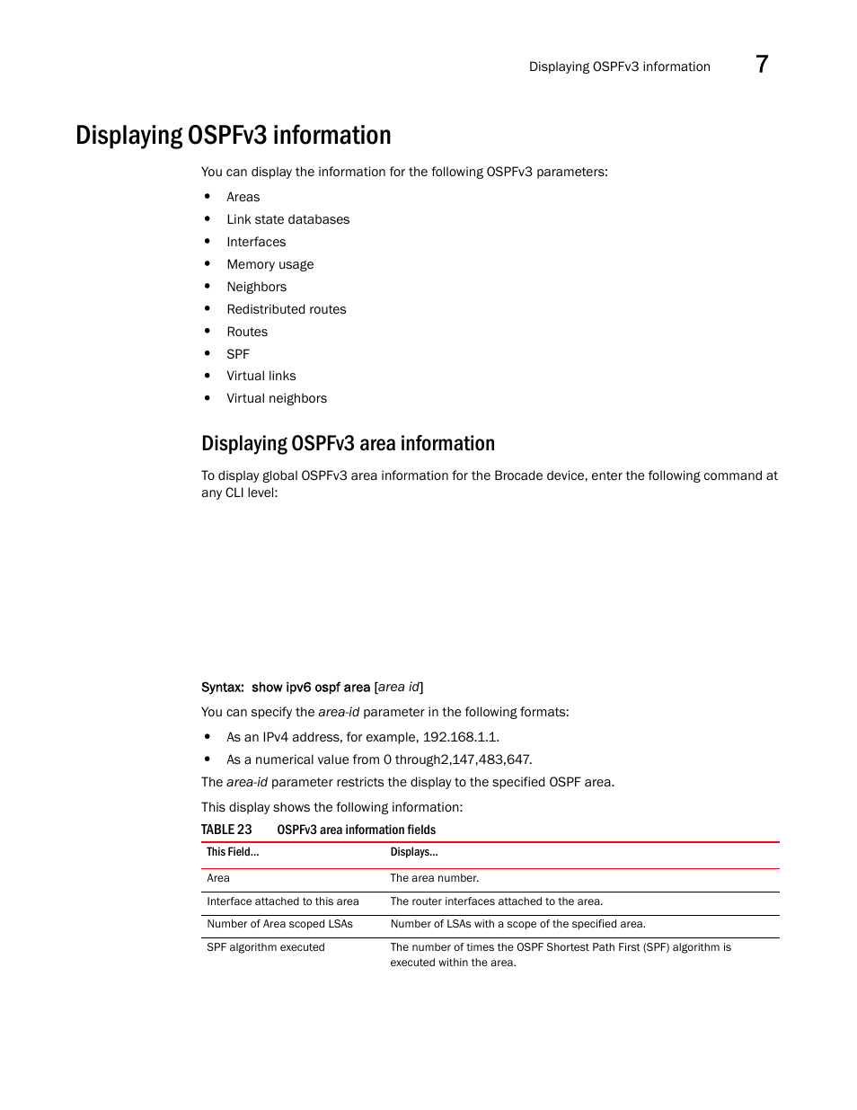 Displaying ospfv3 information, Displaying ospfv3 area information | Brocade Virtual ADX Switch and Router Guide (Supporting ADX v03.1.00) User Manual | Page 195 / 374