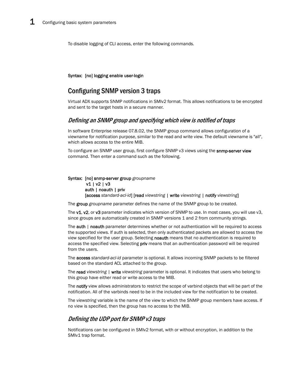 Configuring snmp version 3 traps, Defining the udp port for snmp v3 traps | Brocade Virtual ADX Switch and Router Guide (Supporting ADX v03.1.00) User Manual | Page 20 / 374