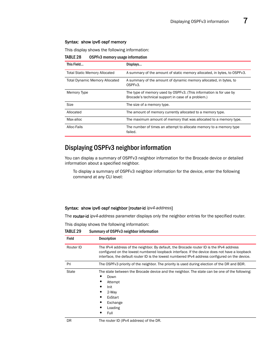 Displaying ospfv3 neighbor information | Brocade Virtual ADX Switch and Router Guide (Supporting ADX v03.1.00) User Manual | Page 205 / 374