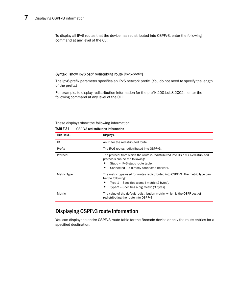 Displaying ospfv3 route information | Brocade Virtual ADX Switch and Router Guide (Supporting ADX v03.1.00) User Manual | Page 208 / 374