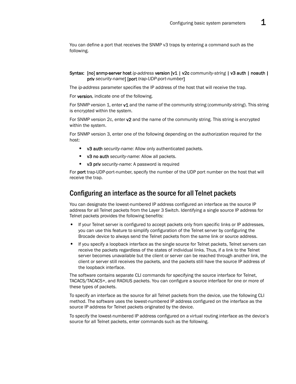 Configuring an interface as the source for all, Telnet packets | Brocade Virtual ADX Switch and Router Guide (Supporting ADX v03.1.00) User Manual | Page 21 / 374