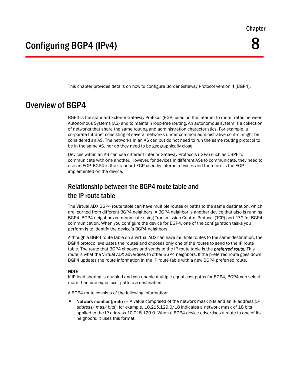 Configuring bgp4 (ipv4), Overview of bgp4, Chapter 8 | Brocade Virtual ADX Switch and Router Guide (Supporting ADX v03.1.00) User Manual | Page 213 / 374