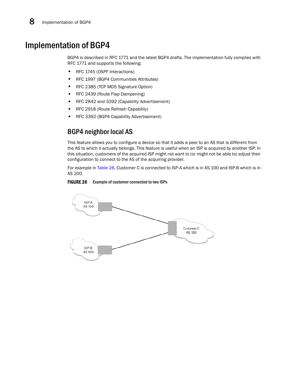Implementation of bgp4, Bgp4 neighbor local as | Brocade Virtual ADX Switch and Router Guide (Supporting ADX v03.1.00) User Manual | Page 218 / 374