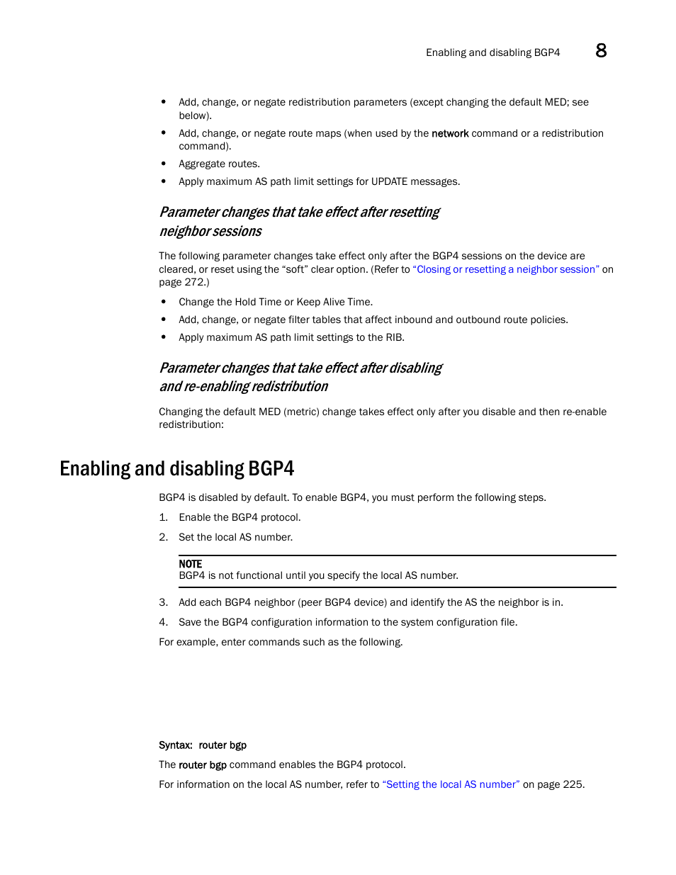 Enabling and disabling bgp4 | Brocade Virtual ADX Switch and Router Guide (Supporting ADX v03.1.00) User Manual | Page 223 / 374