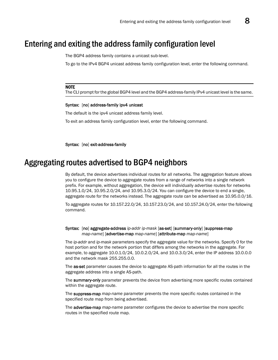 Aggregating routes advertised to bgp4 neighbors | Brocade Virtual ADX Switch and Router Guide (Supporting ADX v03.1.00) User Manual | Page 225 / 374