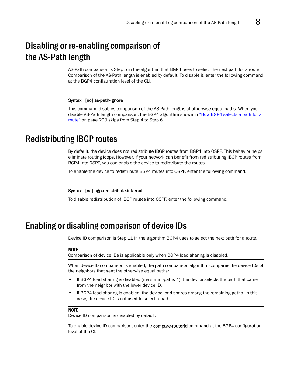 Redistributing ibgp routes, Enabling or disabling comparison of device ids | Brocade Virtual ADX Switch and Router Guide (Supporting ADX v03.1.00) User Manual | Page 227 / 374