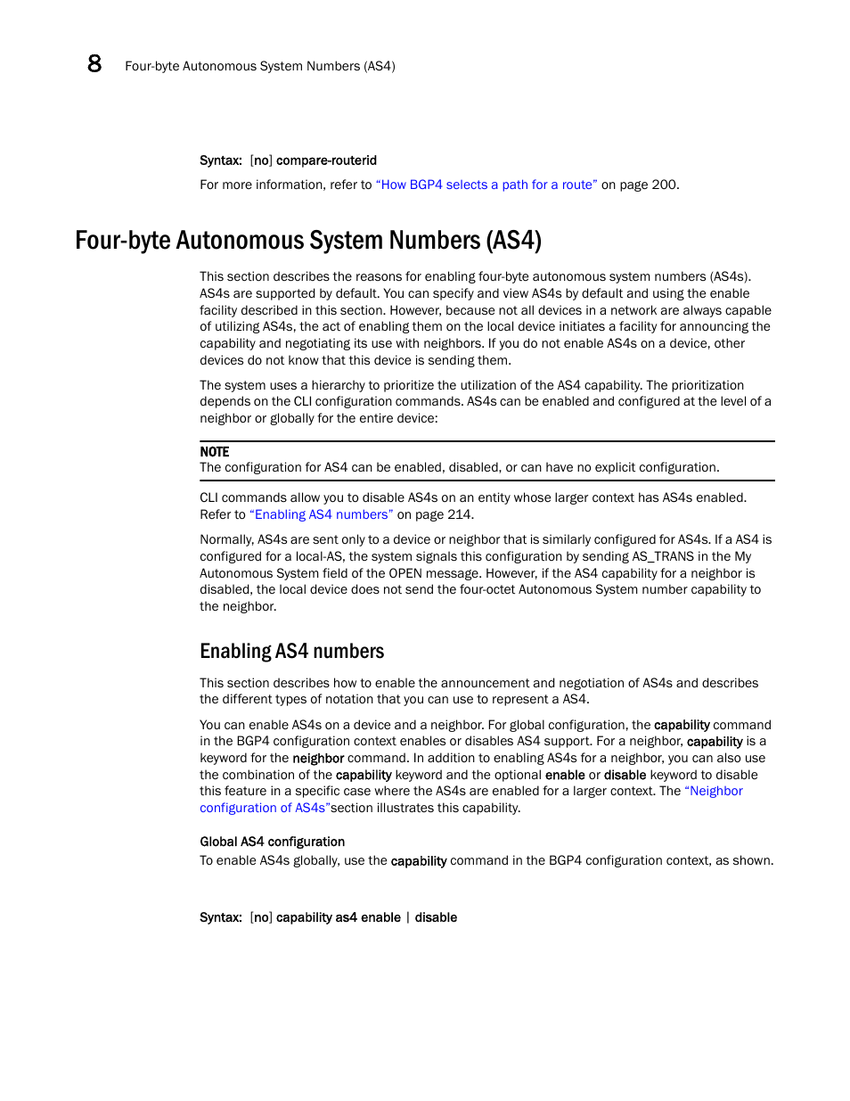 Four-byte autonomous system numbers (as4), Enabling as4 numbers | Brocade Virtual ADX Switch and Router Guide (Supporting ADX v03.1.00) User Manual | Page 228 / 374