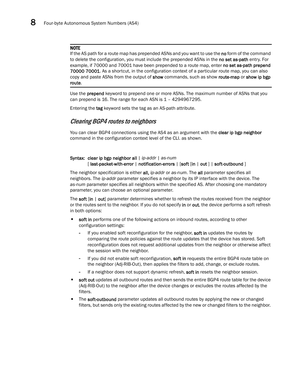 Clearing bgp4 routes to neighbors | Brocade Virtual ADX Switch and Router Guide (Supporting ADX v03.1.00) User Manual | Page 230 / 374