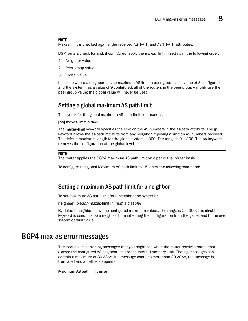 Setting a global maximum as path limit, Setting a maximum as path limit for a neighbor, Bgp4 max-as error messages | Brocade Virtual ADX Switch and Router Guide (Supporting ADX v03.1.00) User Manual | Page 233 / 374