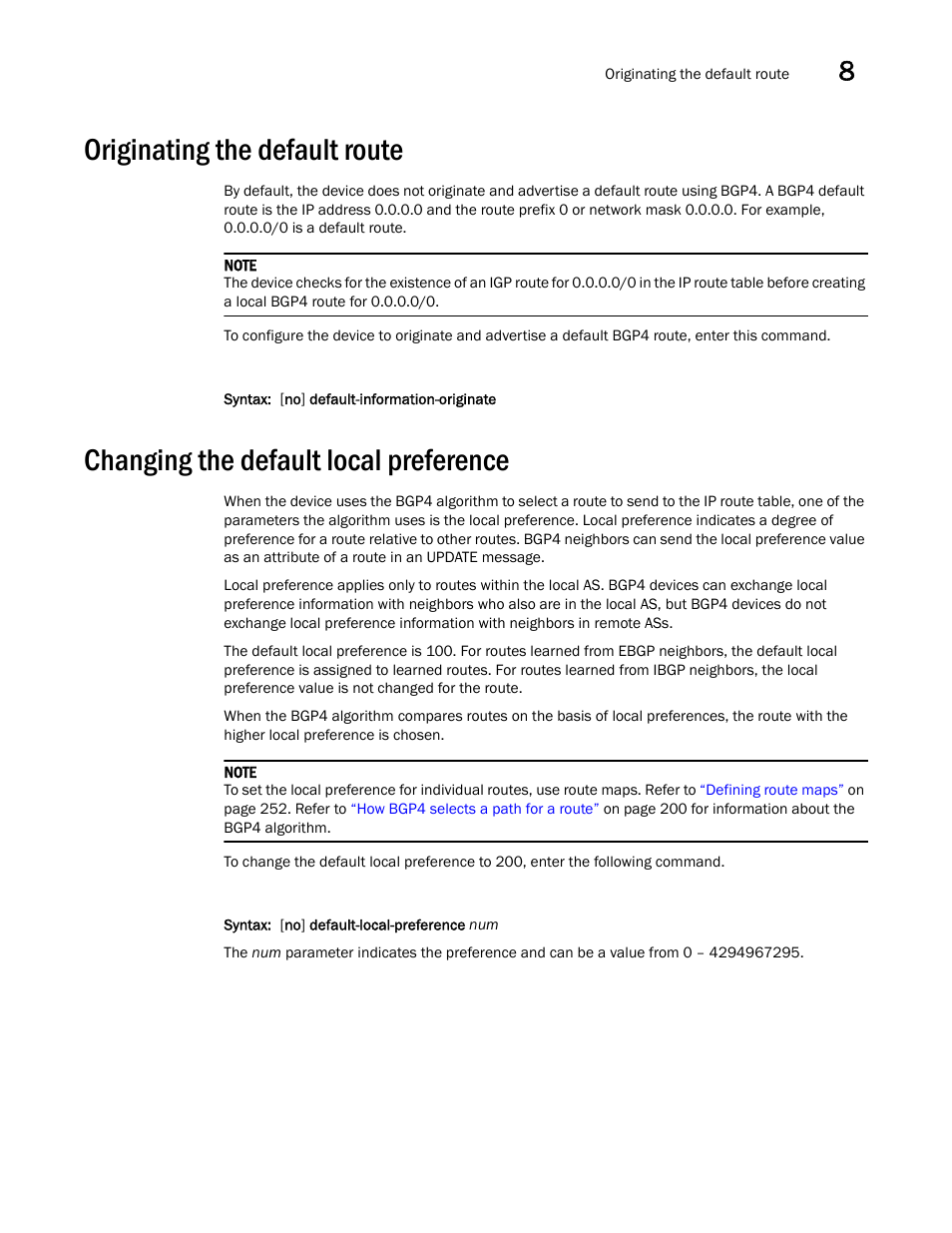 Originating the default route, Changing the default local preference | Brocade Virtual ADX Switch and Router Guide (Supporting ADX v03.1.00) User Manual | Page 235 / 374