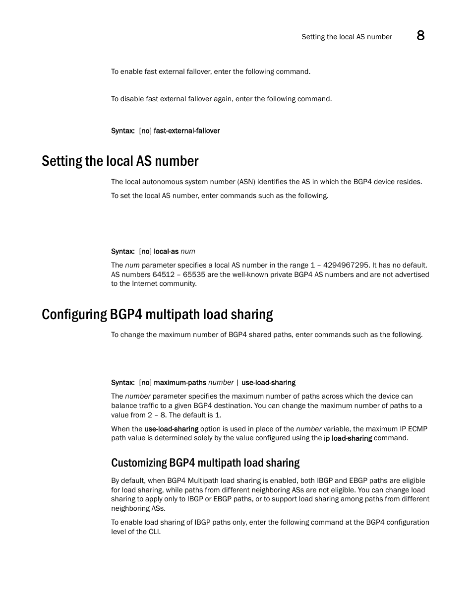 Setting the local as number, Configuring bgp4 multipath load sharing, Customizing bgp4 multipath load sharing | Brocade Virtual ADX Switch and Router Guide (Supporting ADX v03.1.00) User Manual | Page 239 / 374