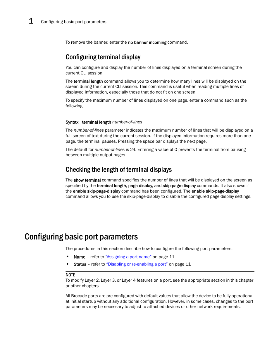 Configuring terminal display, Checking the length of terminal displays, Configuring basic port parameters | Brocade Virtual ADX Switch and Router Guide (Supporting ADX v03.1.00) User Manual | Page 24 / 374