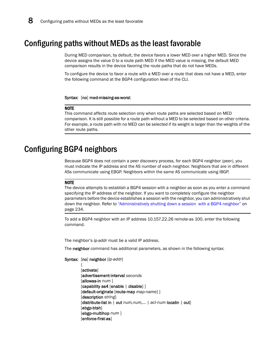 Configuring bgp4 neighbors, Configuring bgp4, Neighbors | Brocade Virtual ADX Switch and Router Guide (Supporting ADX v03.1.00) User Manual | Page 242 / 374
