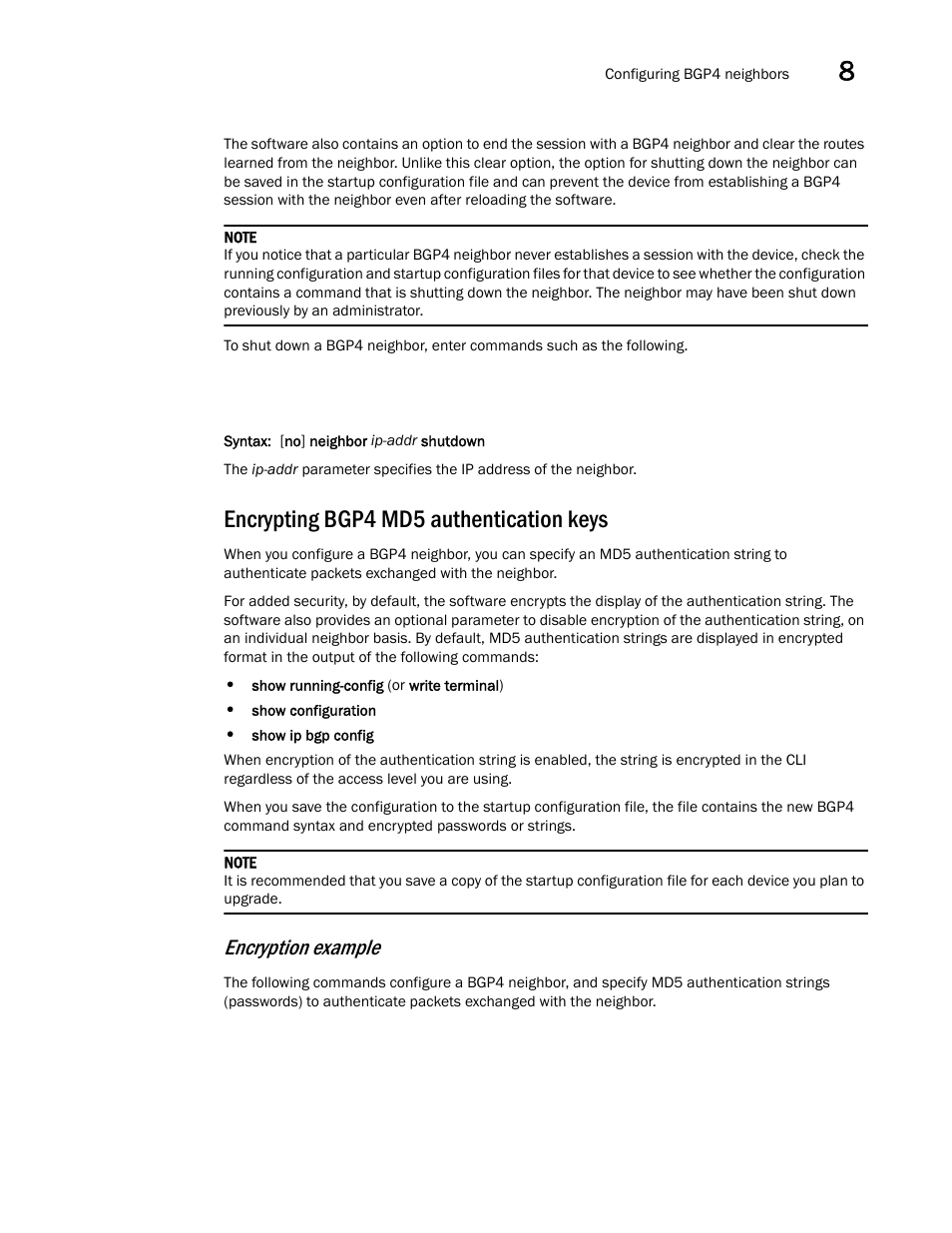 Encrypting bgp4 md5 authentication keys, Encryption example | Brocade Virtual ADX Switch and Router Guide (Supporting ADX v03.1.00) User Manual | Page 249 / 374