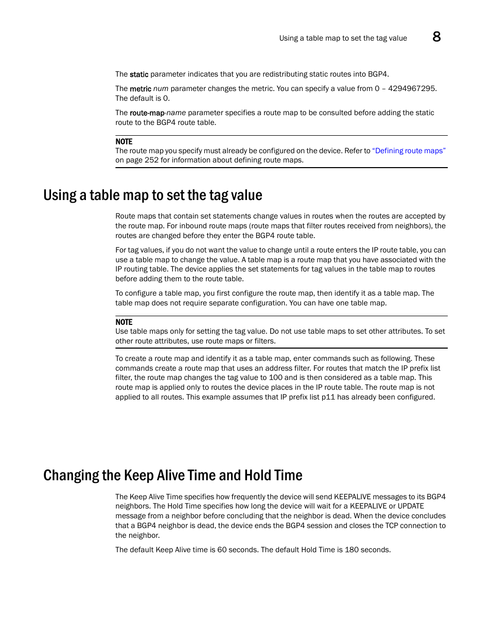 Using a table map to set the tag value, Changing the keep alive time and hold time, Changing the keep | Alive time and hold time | Brocade Virtual ADX Switch and Router Guide (Supporting ADX v03.1.00) User Manual | Page 257 / 374