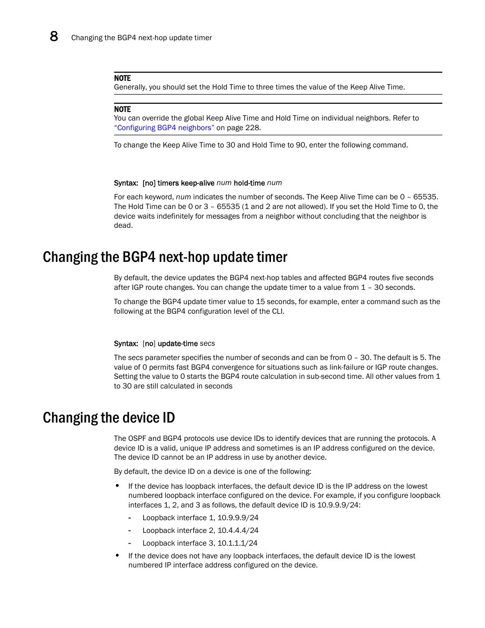 Changing the bgp4 next-hop update timer, Changing the device id, Changing | The device id | Brocade Virtual ADX Switch and Router Guide (Supporting ADX v03.1.00) User Manual | Page 258 / 374