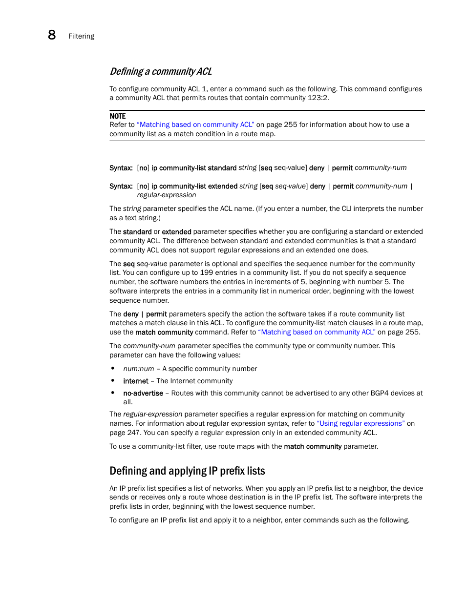 Defining and applying ip prefix lists, Defining a community acl | Brocade Virtual ADX Switch and Router Guide (Supporting ADX v03.1.00) User Manual | Page 264 / 374