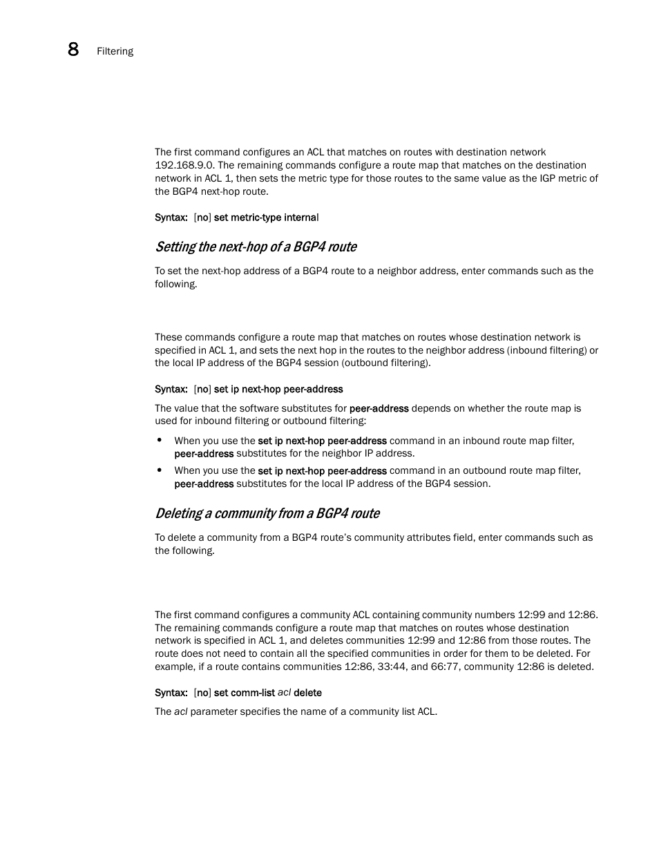 Setting the next-hop of a bgp4 route, Deleting a community from a bgp4 route | Brocade Virtual ADX Switch and Router Guide (Supporting ADX v03.1.00) User Manual | Page 274 / 374