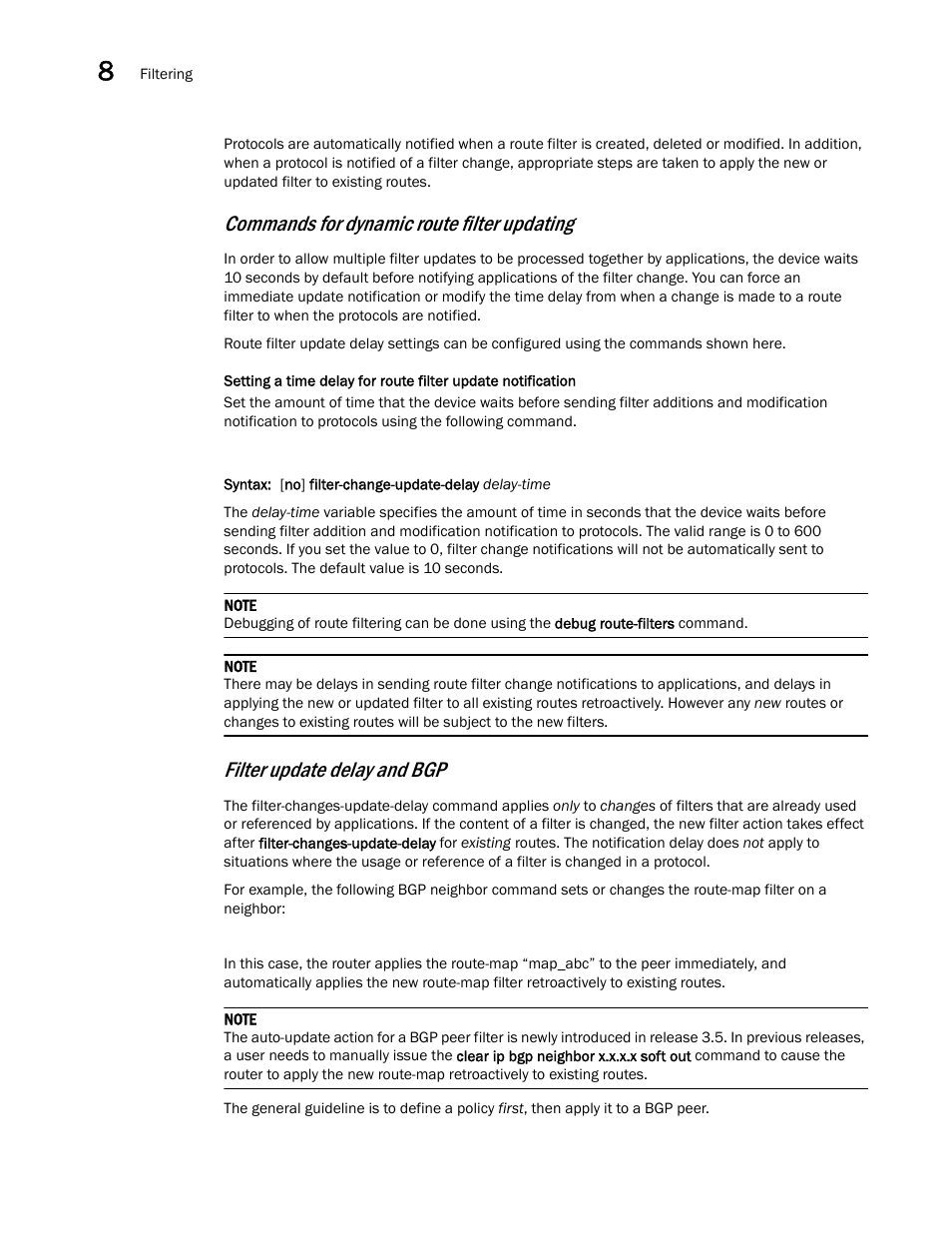 Commands for dynamic route filter updating, Filter update delay and bgp | Brocade Virtual ADX Switch and Router Guide (Supporting ADX v03.1.00) User Manual | Page 276 / 374