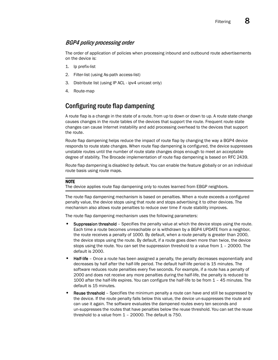 Configuring route flap dampening, Bgp4 policy processing order | Brocade Virtual ADX Switch and Router Guide (Supporting ADX v03.1.00) User Manual | Page 277 / 374