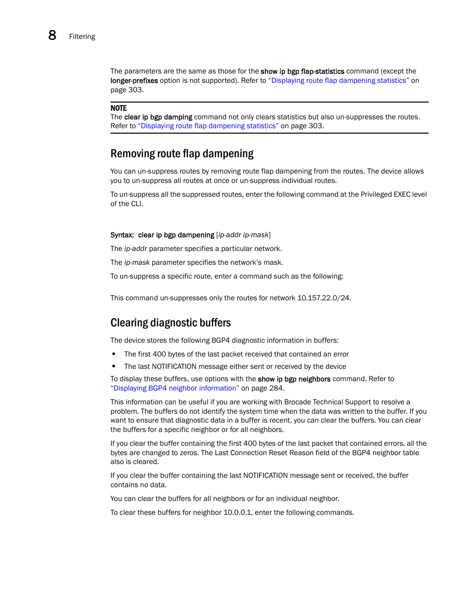 Removing route flap dampening, Clearing diagnostic buffers | Brocade Virtual ADX Switch and Router Guide (Supporting ADX v03.1.00) User Manual | Page 288 / 374