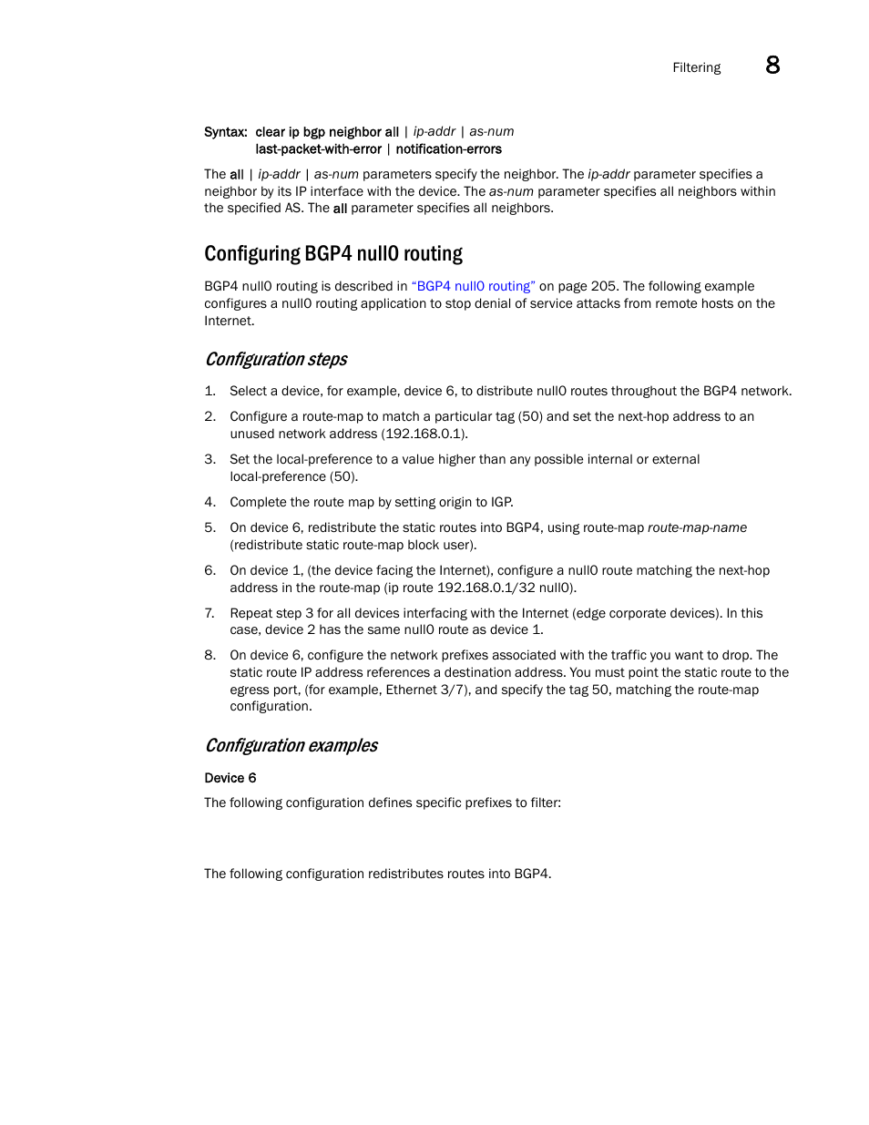 Configuring bgp4 null0 routing, Configuration steps, Configuration examples | Brocade Virtual ADX Switch and Router Guide (Supporting ADX v03.1.00) User Manual | Page 289 / 374