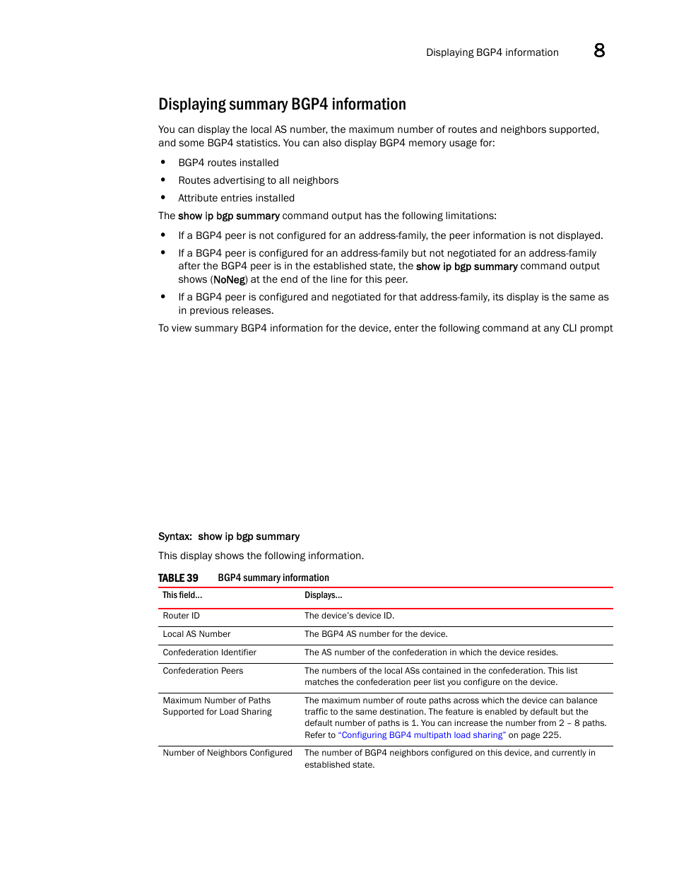 Displaying summary bgp4 information | Brocade Virtual ADX Switch and Router Guide (Supporting ADX v03.1.00) User Manual | Page 293 / 374