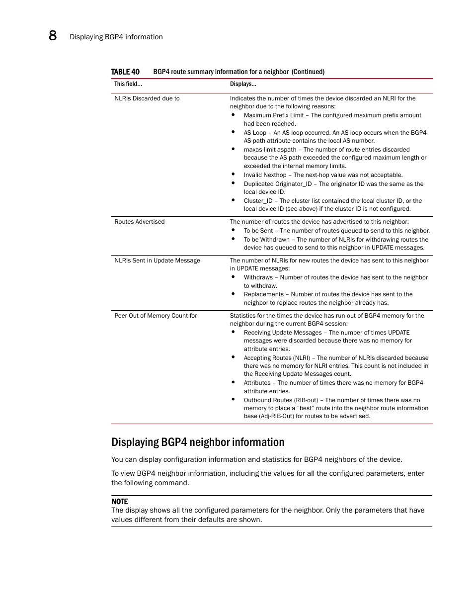 Displaying bgp4 neighbor information | Brocade Virtual ADX Switch and Router Guide (Supporting ADX v03.1.00) User Manual | Page 298 / 374