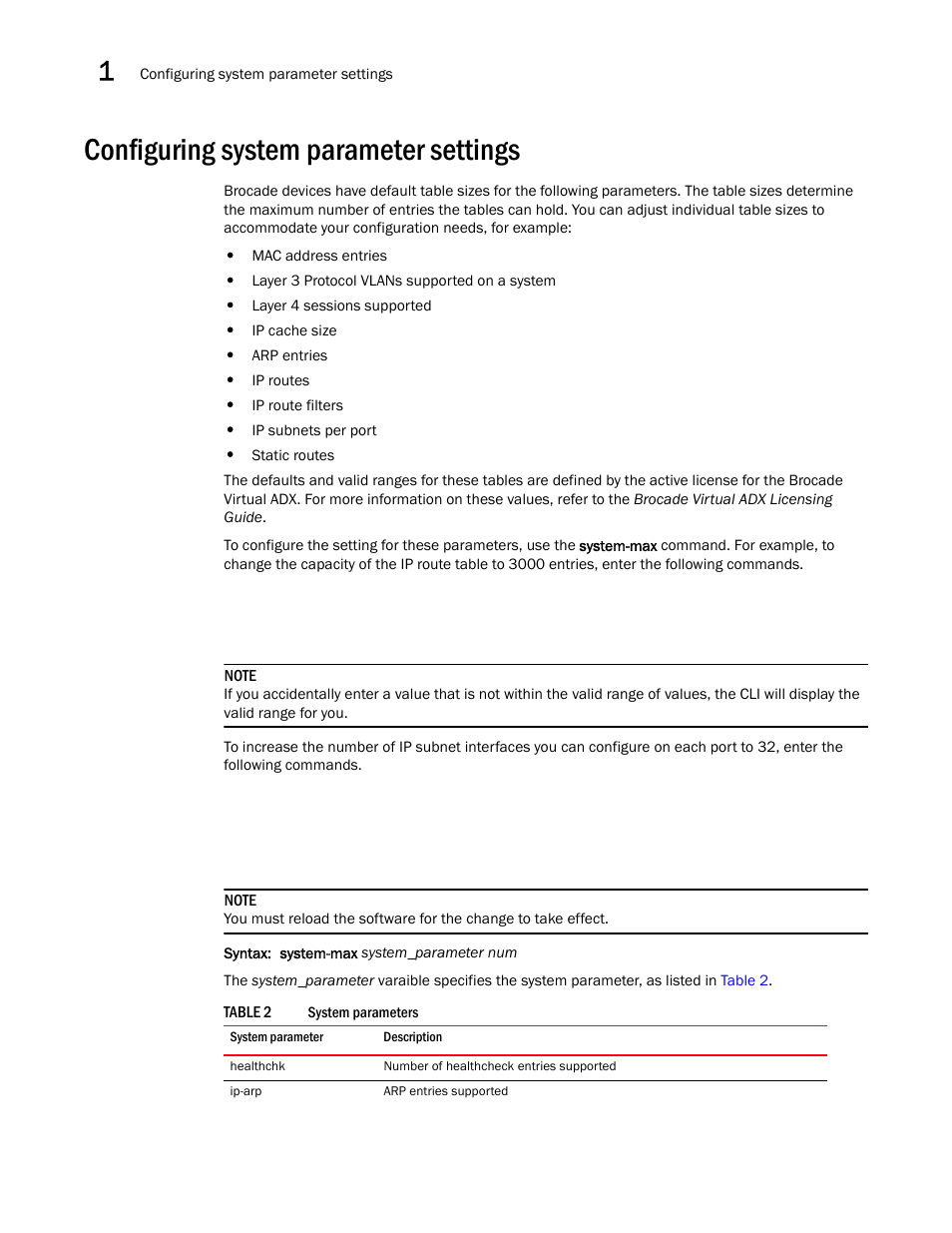 Configuring system parameter settings | Brocade Virtual ADX Switch and Router Guide (Supporting ADX v03.1.00) User Manual | Page 30 / 374