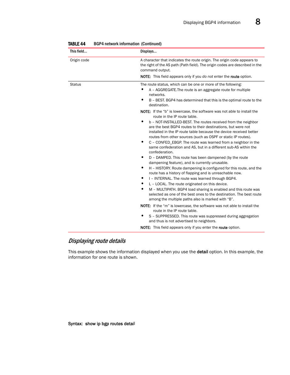 Displaying route details | Brocade Virtual ADX Switch and Router Guide (Supporting ADX v03.1.00) User Manual | Page 313 / 374