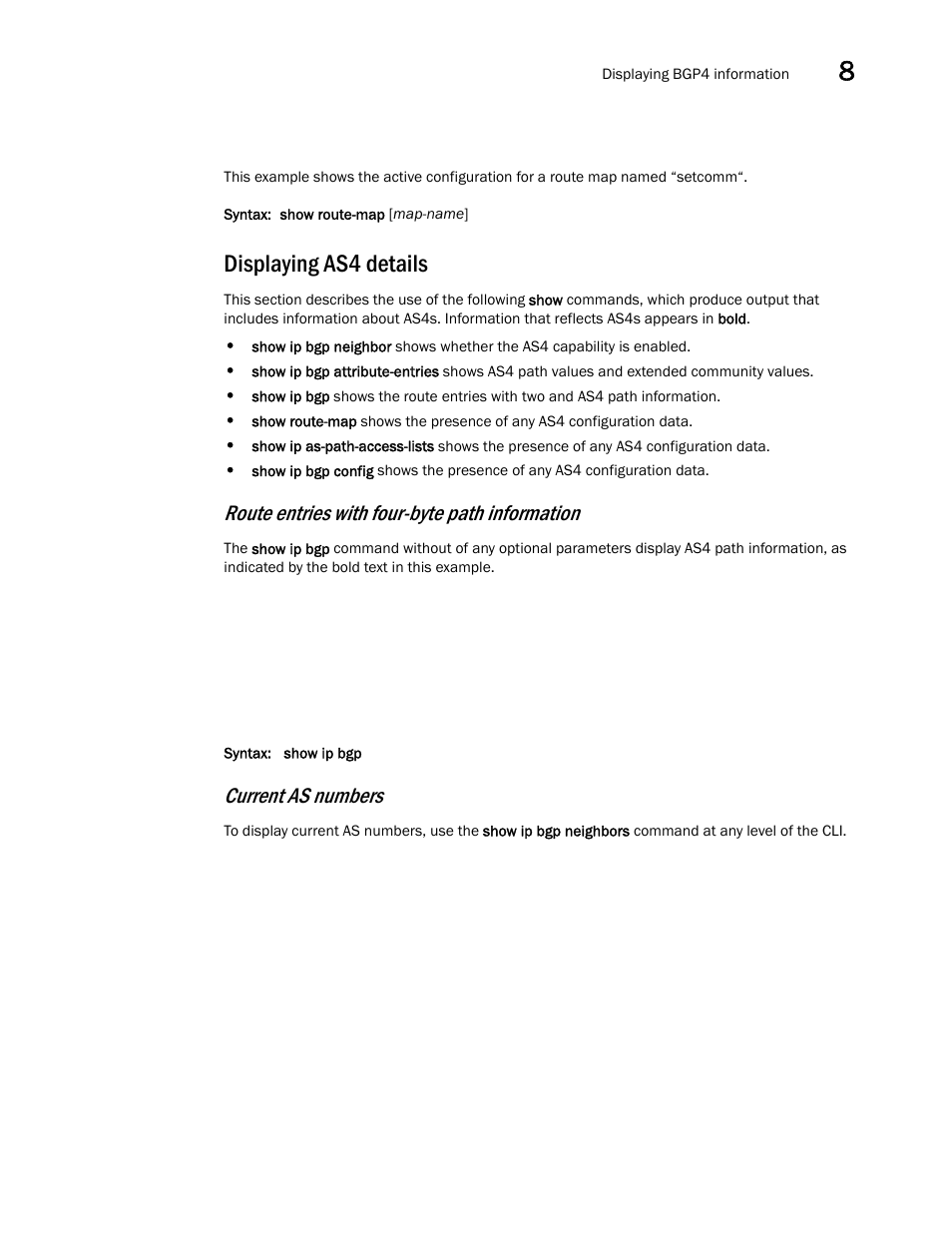 Displaying as4 details, Route entries with four-byte path information, Current as numbers | Brocade Virtual ADX Switch and Router Guide (Supporting ADX v03.1.00) User Manual | Page 319 / 374