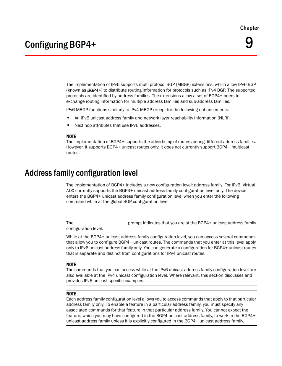 Configuring bgp4, Address family configuration level, Chapter 9 | Brocade Virtual ADX Switch and Router Guide (Supporting ADX v03.1.00) User Manual | Page 323 / 374