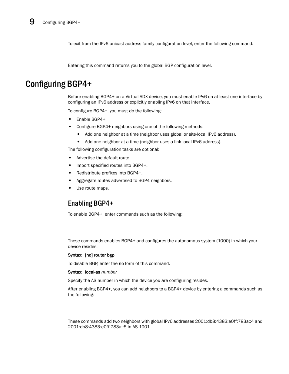 Configuring bgp4, Enabling bgp4 | Brocade Virtual ADX Switch and Router Guide (Supporting ADX v03.1.00) User Manual | Page 324 / 374