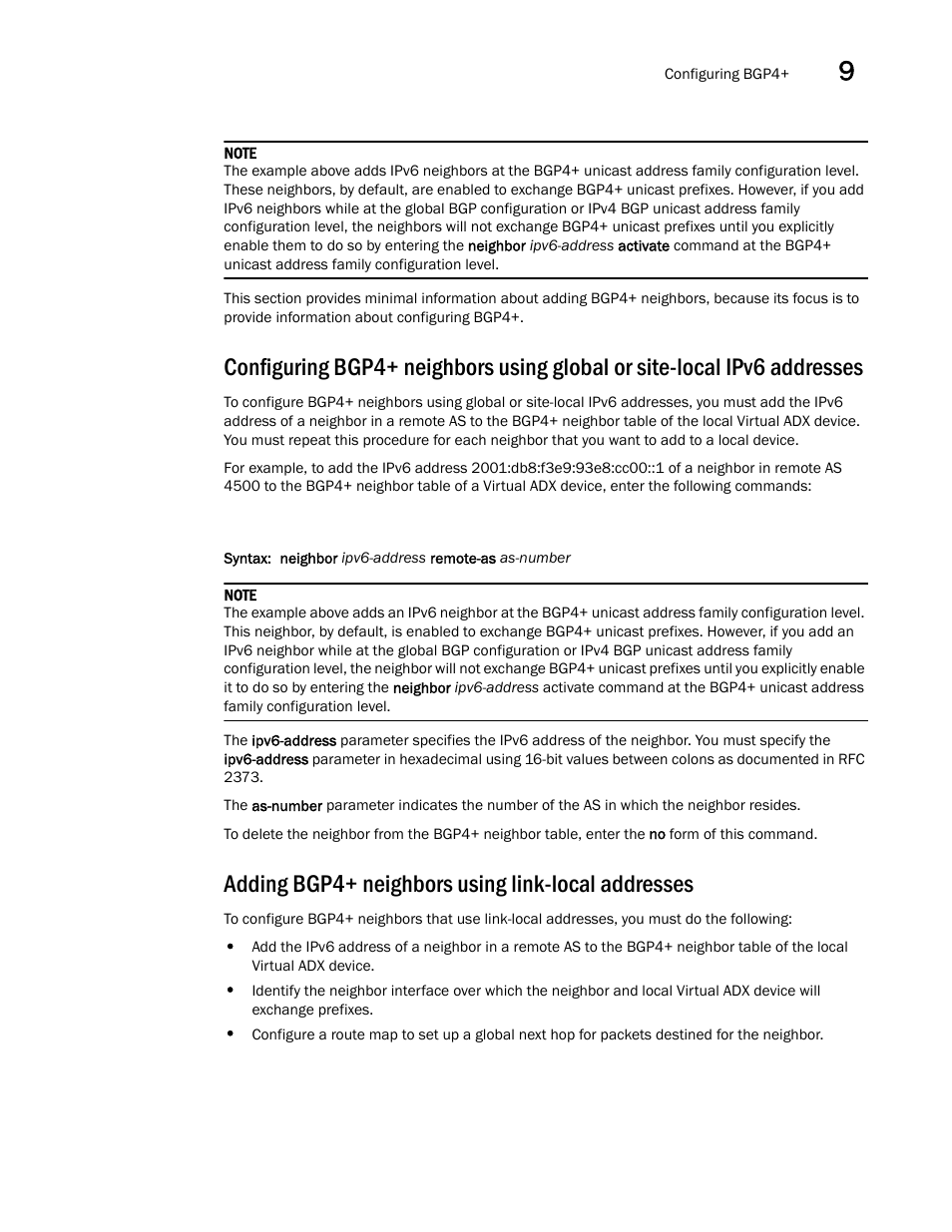 Adding bgp4+ neighbors using link-local addresses | Brocade Virtual ADX Switch and Router Guide (Supporting ADX v03.1.00) User Manual | Page 325 / 374