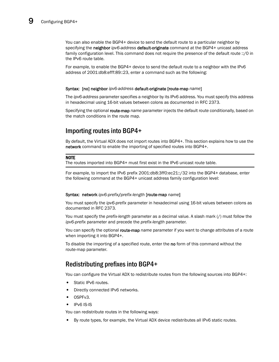 Importing routes into bgp4, Redistributing prefixes into bgp4 | Brocade Virtual ADX Switch and Router Guide (Supporting ADX v03.1.00) User Manual | Page 328 / 374