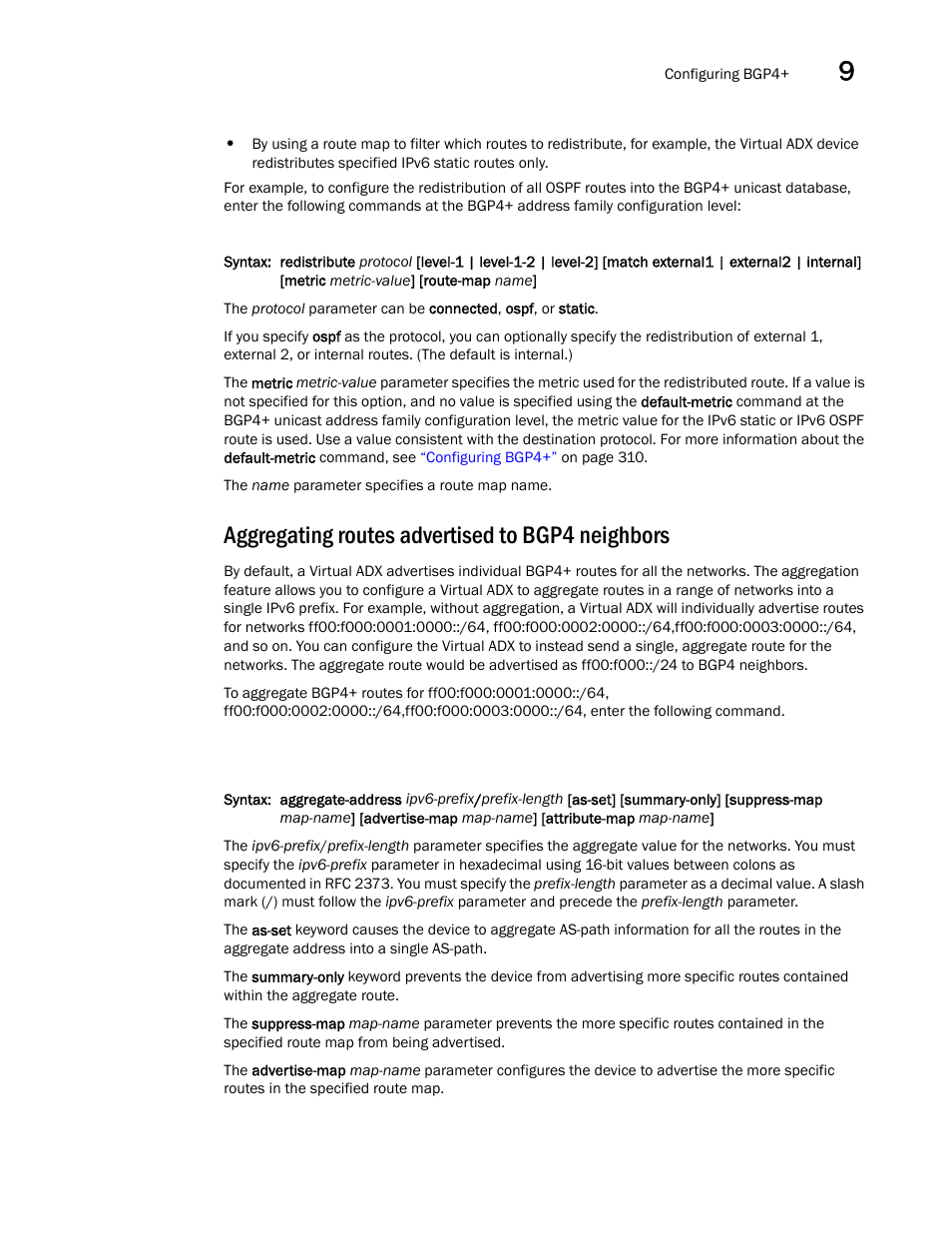 Aggregating routes advertised to bgp4 neighbors | Brocade Virtual ADX Switch and Router Guide (Supporting ADX v03.1.00) User Manual | Page 329 / 374