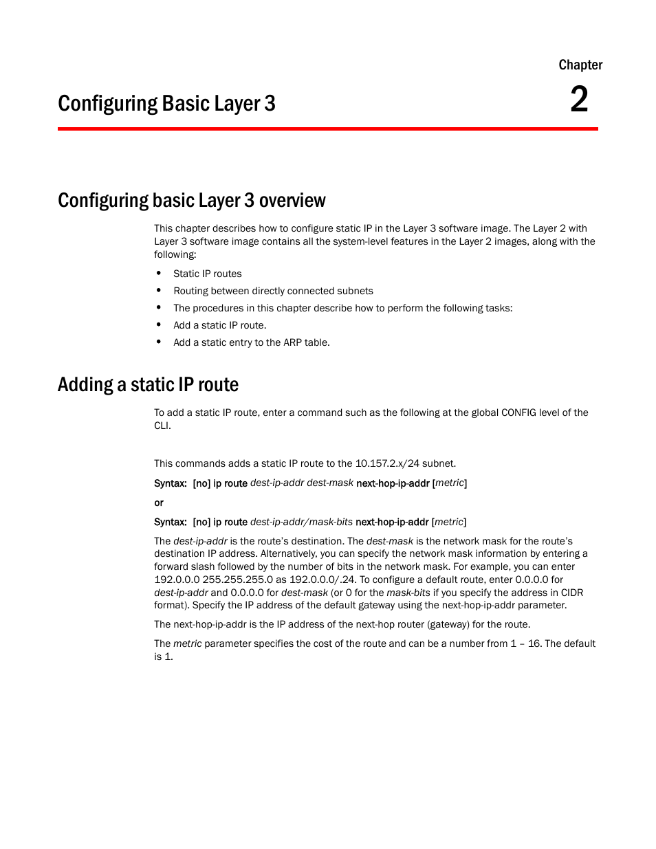 Configuring basic layer 3, Configuring basic layer 3 overview, Adding a static ip route | Chapter 2, E the | Brocade Virtual ADX Switch and Router Guide (Supporting ADX v03.1.00) User Manual | Page 33 / 374