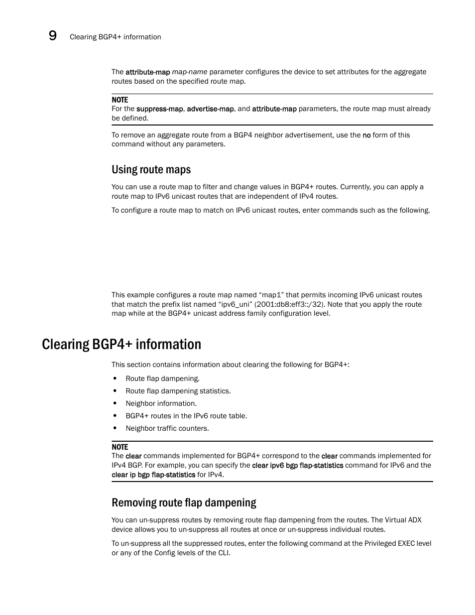 Using route maps, Clearing bgp4+ information, Removing route flap dampening | Brocade Virtual ADX Switch and Router Guide (Supporting ADX v03.1.00) User Manual | Page 330 / 374