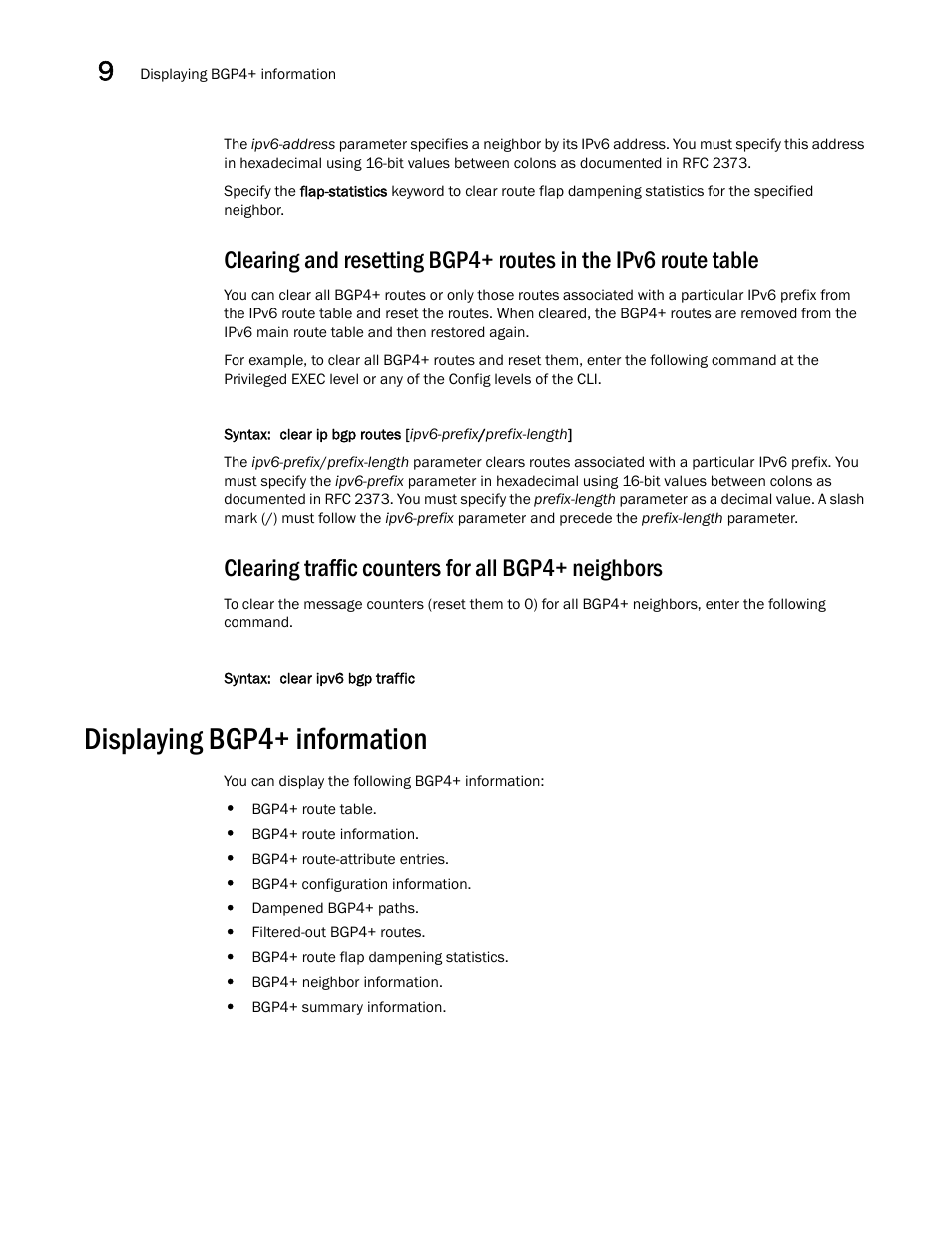 Clearing traffic counters for all bgp4+ neighbors, Displaying bgp4+ information | Brocade Virtual ADX Switch and Router Guide (Supporting ADX v03.1.00) User Manual | Page 334 / 374