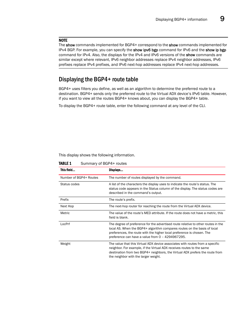 Displaying the bgp4+ route table | Brocade Virtual ADX Switch and Router Guide (Supporting ADX v03.1.00) User Manual | Page 335 / 374