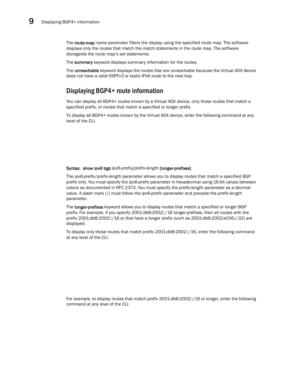Displaying bgp4+ route information | Brocade Virtual ADX Switch and Router Guide (Supporting ADX v03.1.00) User Manual | Page 340 / 374