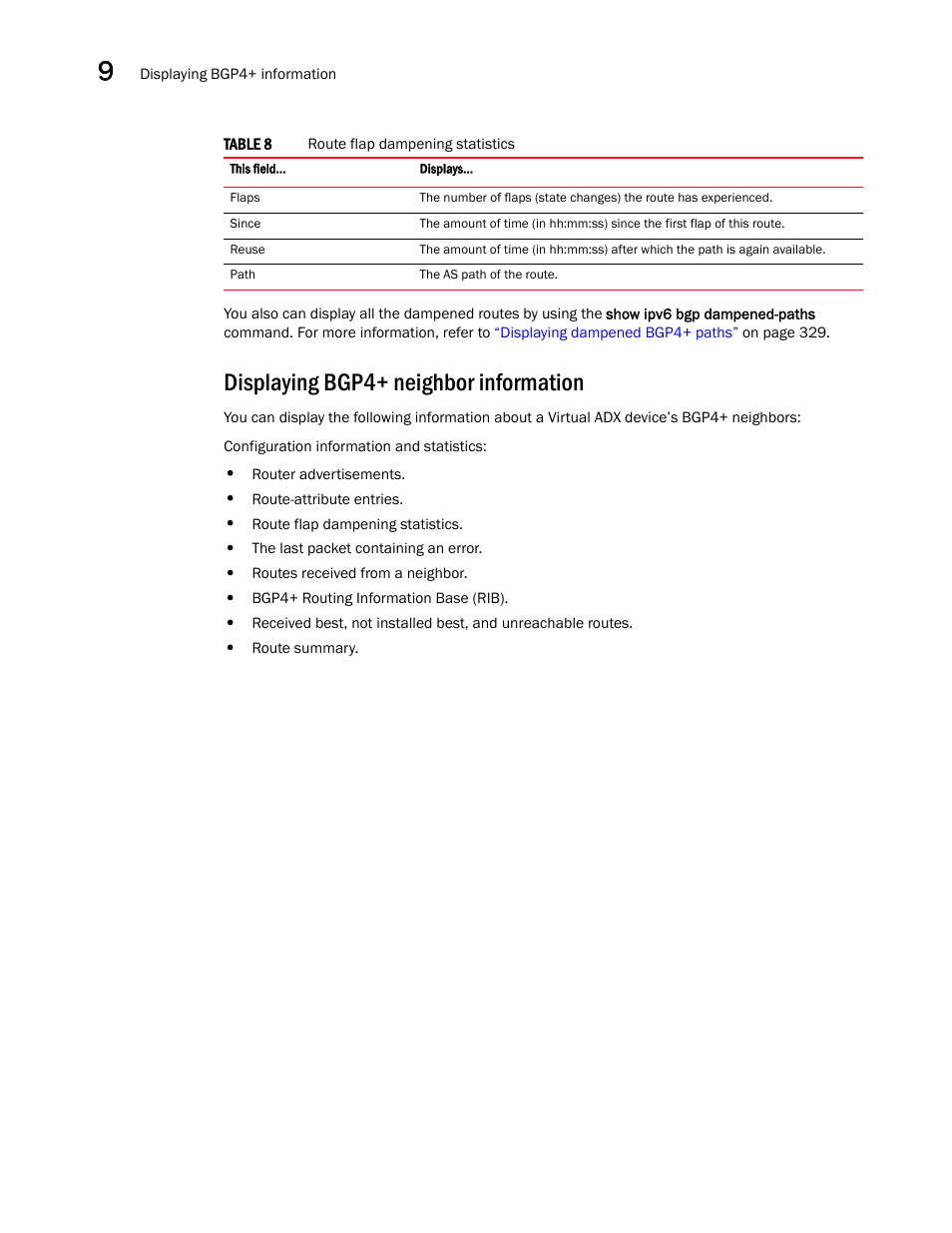 Displaying bgp4+ neighbor information | Brocade Virtual ADX Switch and Router Guide (Supporting ADX v03.1.00) User Manual | Page 350 / 374